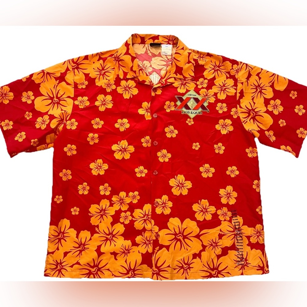 Dos Equis Cerveza Shirt Mens XXL 2XL Red Orange Hawaiian Button Up Short Sleeve